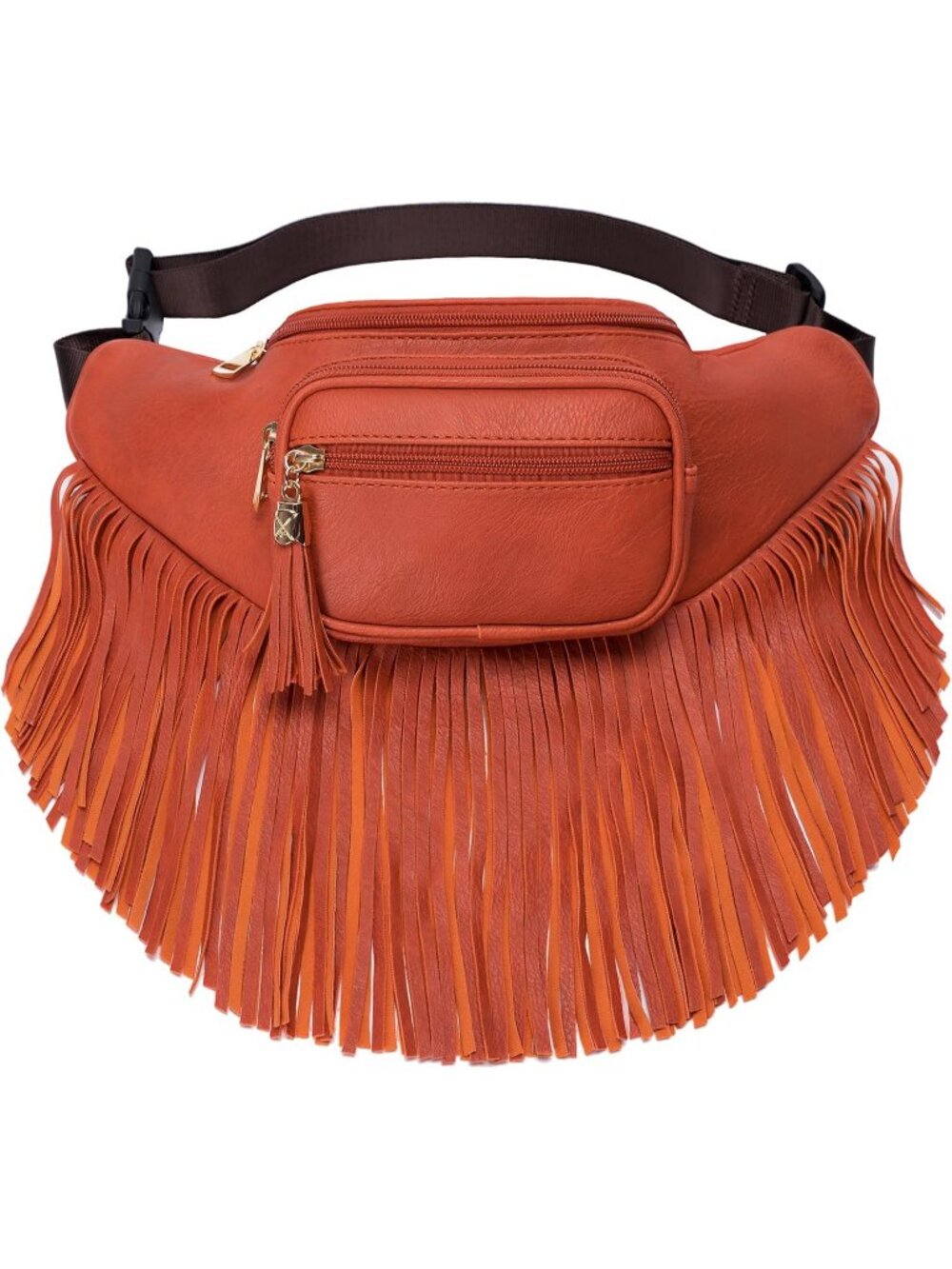 Women's Orange Fringe Waist With Multi Zipper Pockets Fanny Pack Travel Bags